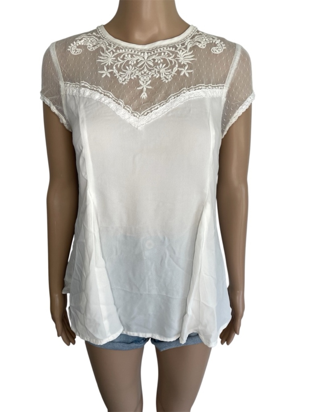 American Eagle Solid White Lace Flowy Crewneck Short Sleeve Blouse Top